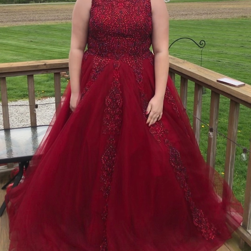 JVN by Jovani Burgundy Beaded Tulle Prom Gown